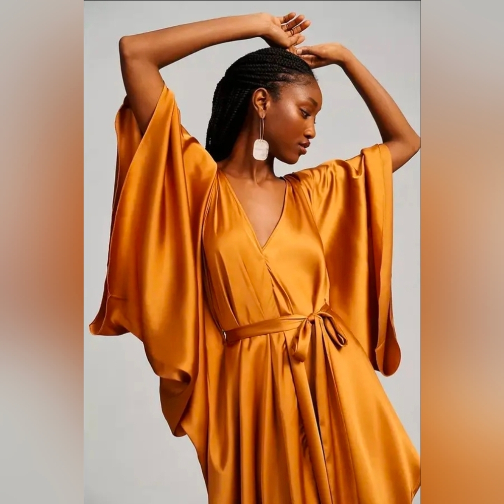 Anthropologie Satin Kaftan Tie Front Maxi Dress OS Adjustabe In Bronze NWT$200 - Picture 6 of 12